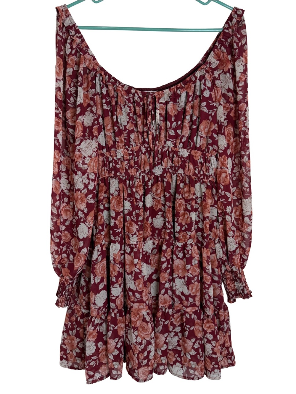 By the River Burgundy Long Sleeve Floral Mini Dress Size Large